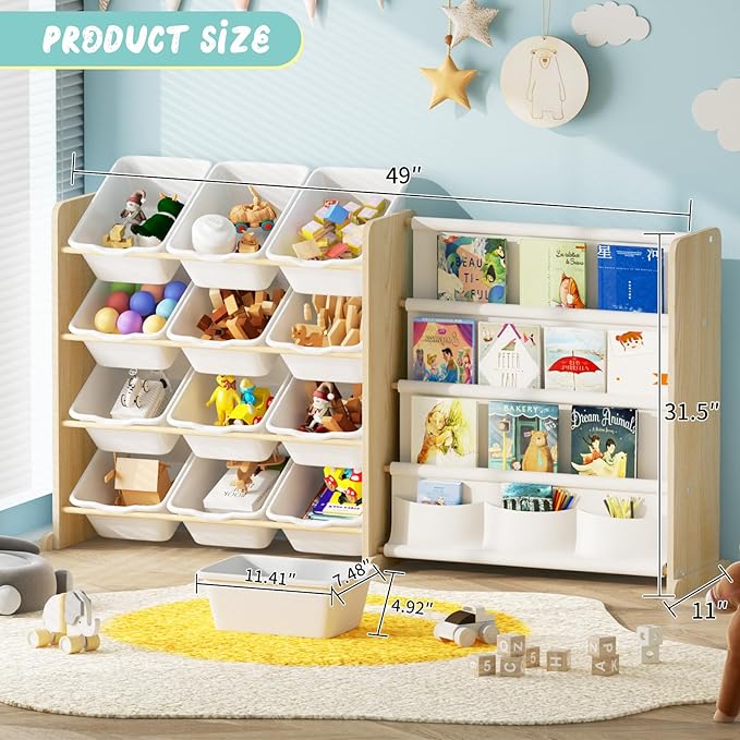 Kids Toy Storage Organizer - Toy Organizer with Kids Bookshelf, Toy Storage with 12 Toy White Bins and 4 Book Shelves, Toy Organizers and Storage for Playroom, Nursery, Kids Room, Burlywood