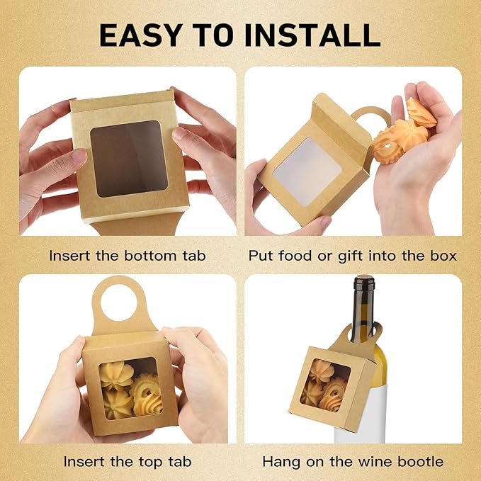 Sibba 10Pcs Kraft Paper Wine Bottle Box with Window Handles Hanging Foldable Gift Wine Boxes Empty Wine Bottles for Decoration Bottle Hanger Favor Box for Kitchen Dining Engagement Christmas