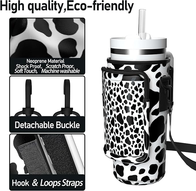 Water Bottle Carrier Bag with Phone Pocket for 40oz Tumbler with Handle, Adjustable Strap Neoprene Water Bottle Sleeve Pouch for Hiking Camping Travelling. (Cow)