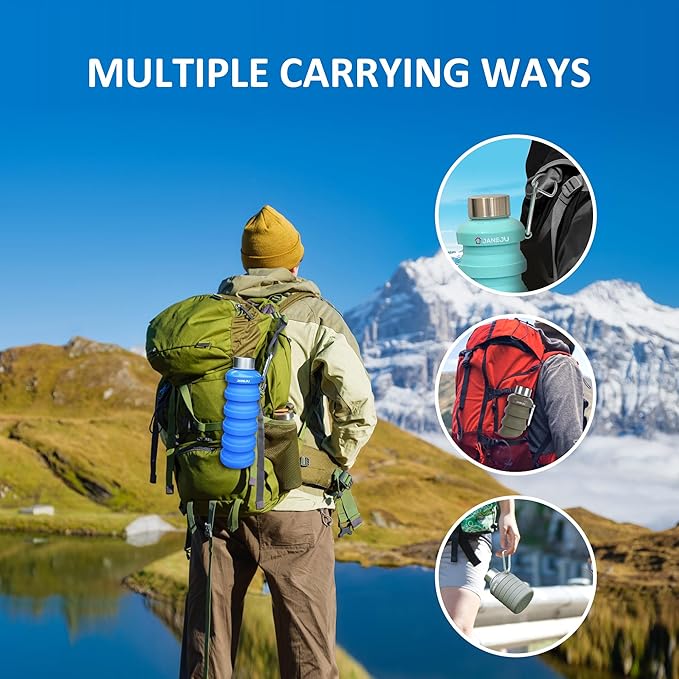 JaneJu Collapsible Water Bottle, 17oz BPA Free Silicone Reusable Portable Lightweight Foldable Water Bottles with Carabiner, Portable Leak Proof Sports Water Bottle (Black)