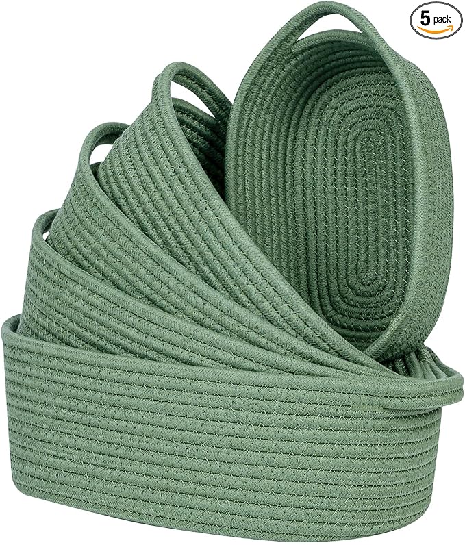 CubesLand Small Shelf Shelves Closet Basket,Woven Toy Basket Bin for Organizing,Storage Cube Organizer Basket Bin,Cute Rope Gifts Basket,Back Shool Supplies,Over Toilet Storage Basket,Green 5-Piece
