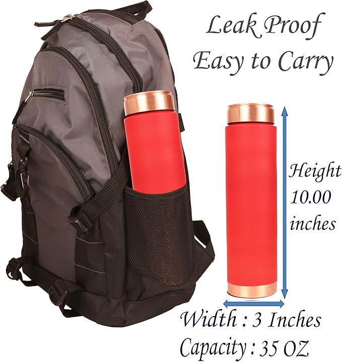 Pure Copper Water Bottle - Handcrafted - Ayurveda Health Benefits - 33 OZ - Leak proof - Easy to carry for Sports, Fitness, Yoga, School - Red Color Matte Finish Vintage Enamel.