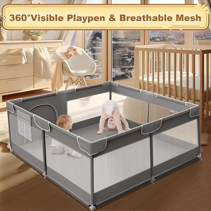 Baby Playpen 50 x 50 Inch Play Pen Playards, Playpen for Babies and Toddlers, Baby Playard for Indoor & Outdoor Active Center Game Fence, with Skin-Friendly Fabric and Soft Breathable Mesh Grey