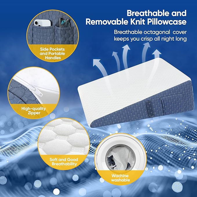 Wedge Pillow for Sleep Apnea, 2024 New 7.5'' Bed Wedge Pillow, Acid Reflux, Heartburn, GERD, Neck Pain, Cooling Memory Foam Top, Removable Washable Cover Incline Pillow for Improved Sleep