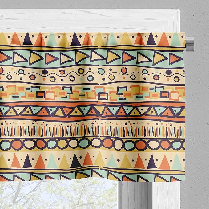 Ambesonne Prehistoric Valance & Tier Curtain 3 pcs Set, Mexican Style Doodles with Triangles Circles Folkloric Geometric Tribal, Window Treatments for Kitchen Room Decor, 55" x 30", Pastel Yellow