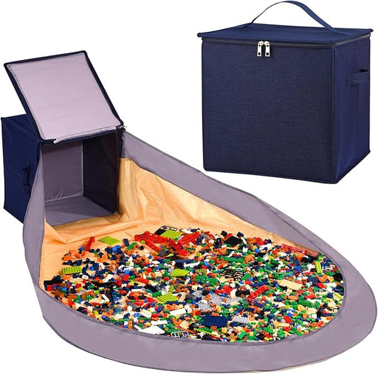 Toy Storage Basket and Play Mat for Kids, Foldable and Stackable Toy Storage Organizer for Building Bricks & Blocks, Toy Box Bin for Boys, Girls, Nursery, Playroom, 13"x13"x13" (Navy Blue)