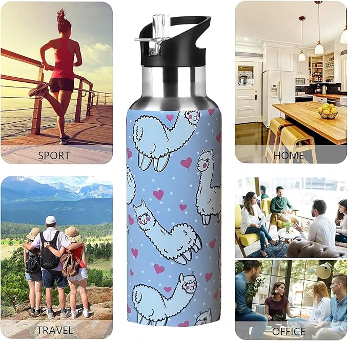 Cute Llama Animal Sport Water Bottle with Straw, Vacuum Insulated Stainless Steel Thermal Drinking Travel Mug Cups For Gym Fitness Camping-20oz/600ml, Gray