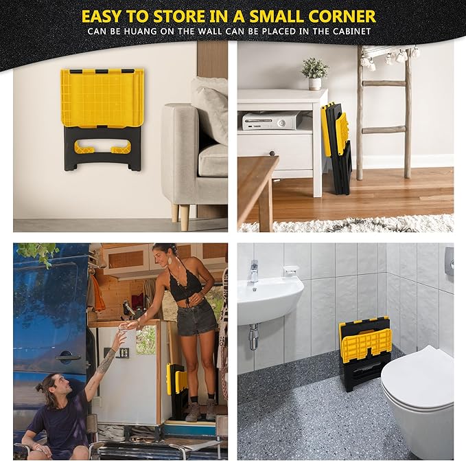 Folding 2-Step Stool, Non-Slip Portable Footstool 8" & 17" Dual Heights, Holds 300 lbs, Portable Footstool for Kitchen Home Toilet Bedroom Office Bathroom RV(Yellow)