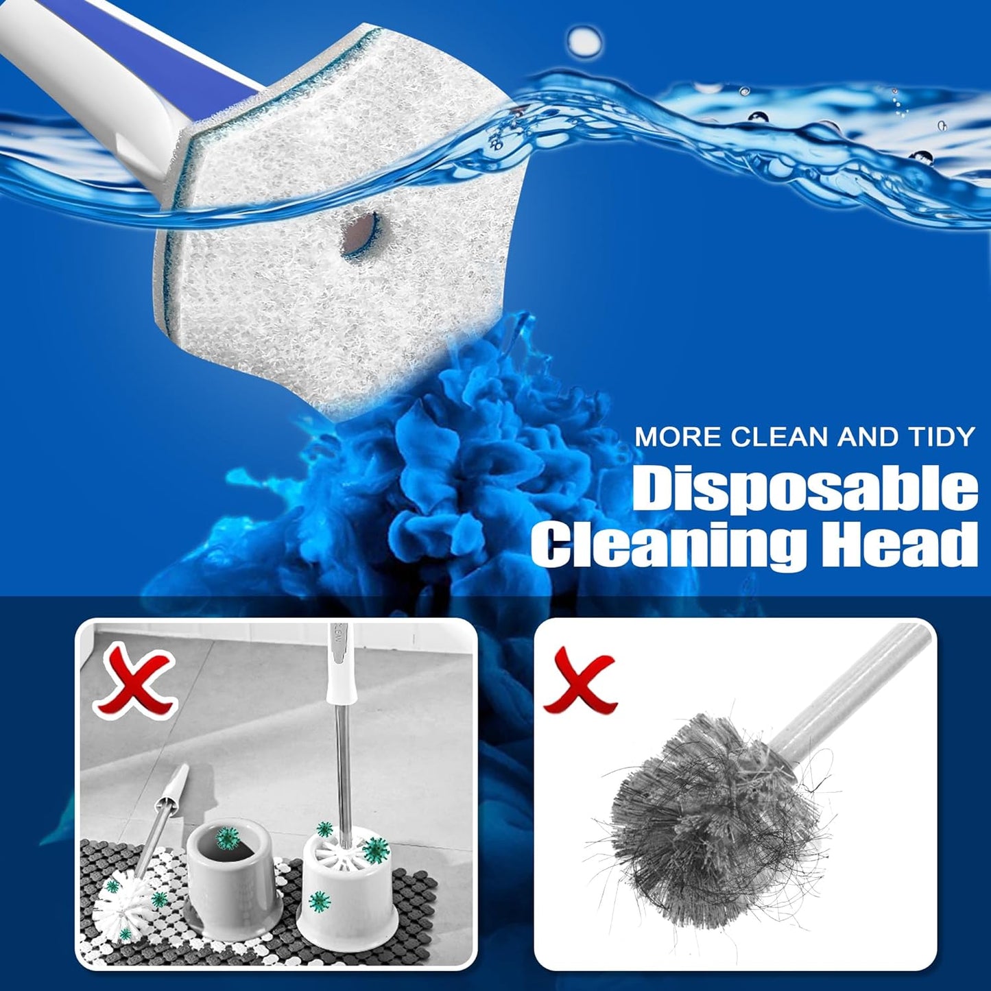 JEHONN Disposable Toilet Brush with 48 Wand Cleaner Refills, Wall Mounted Toilet Bowl Brush Holder Set, Bathroom Cleaning System for Sink Bathtub Wash Basin (Blue)