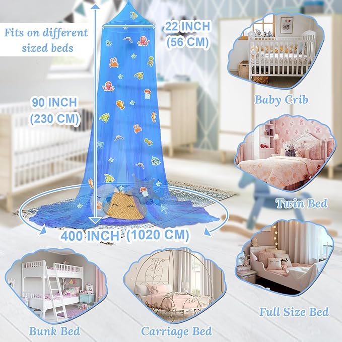 South to East Bed Canopy for Children with Glowing Marine Life, Blue Bed Curtains for Kids Bed & Toddler Bed, Twin, Full & Queen Bed, Mosquito Net Canopy for Boys Bedroom