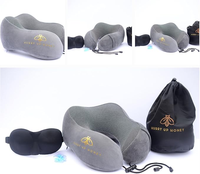 Travel Neck Pillow Memory Foam with Velvet Cover for Relaxing Journeys - Neck Pillow for Airplane,Car,Bus,Train,Comfortably Head Supports, Portable and Washable (Gray)