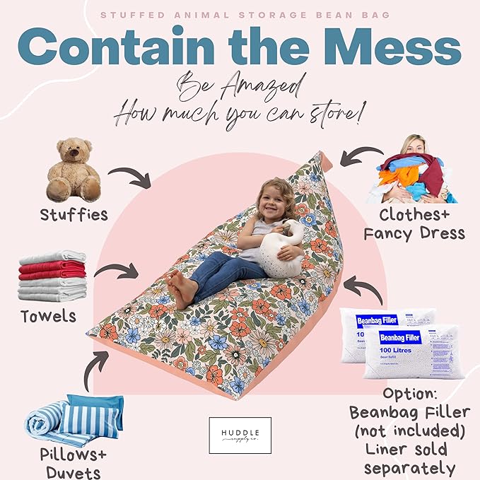 Stuffed Animal Bean Bag Storage - Machine Washable Bean Bag Chair for Kids - Extra Large Cover for Stuffing with Plush Toys, Pillows, Soft Items - Stuffed Animal Holder for Boys & Girls - Boho Floral