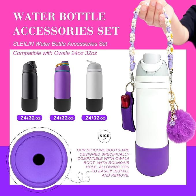 Water Bottle Accessories Set Compatible with Owala 24oz 32oz Including Water Bottle Handle Strap, Water Bottle Boot, Lipstick Bag, Pompom Ball, Daisy Key-chain, Compatible with Owala FreeSip.