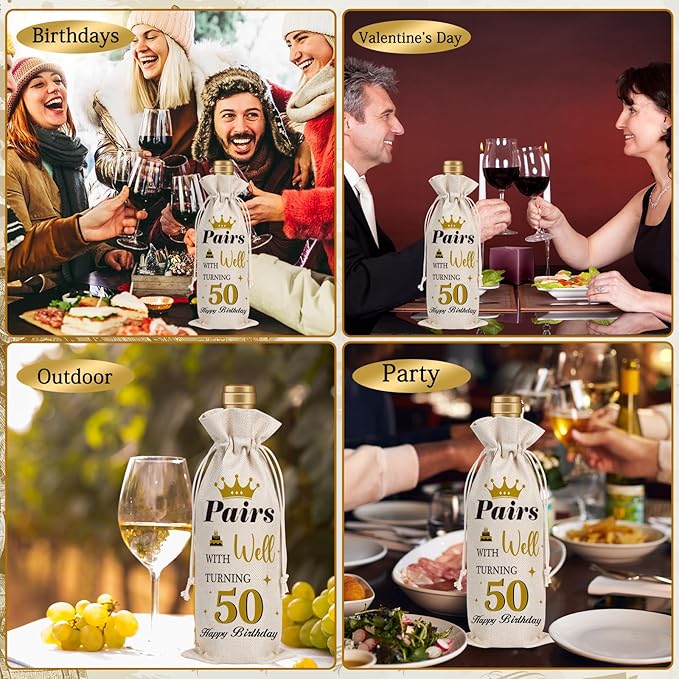 Wxiben 50th Birthday Wine Bags - 1pcs 1974 Wine Gifts for Women Men 50 Year Old Burlap Wine Gift Bag Over the Hill 50th Birthday Party Decorations for Mom Dad Grandma Coworker Birthday Gift