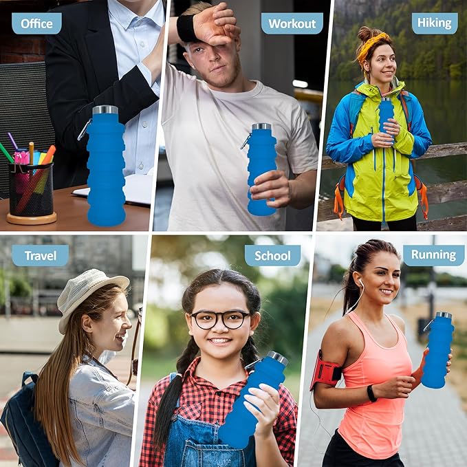 Collapsible Water Bottles 17oz, Odorless BPA-Free Silicone, Leak-Proof Foldable Reusable Bottle - Perfect for Travel Sports Gym Hiking Camping Cycling - Light Blue