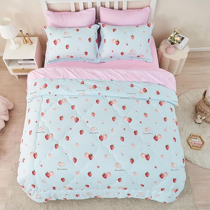 Wajade Kids Strawberry Comforter Set Bed in A Bag Full Size 7 Piece Blue 3D Cute Strawberry Fruit Bedding Set for Girls Boys (1 Comforter, 1 Flat Sheet, 1 Fitted Sheet, 2 Pillowcase and 2 Pillow Sham)