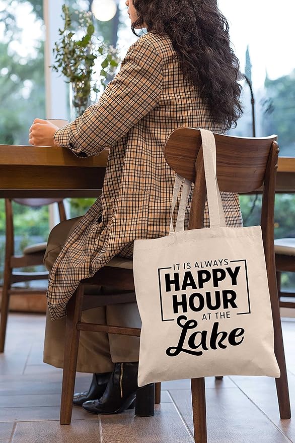 Lake House Gifts,Lake House Decor,It's Always Happy Hour at the Lake -Funny Valentines Day,Birthday Gifts Gifts for Lake Lovers,Friends,Wife,Mom,Grandma,Hostess-Shoulder Bag Shopping Bag Tote Bag Gift