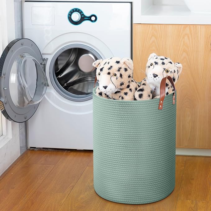 80L Large Rope Basket, Woven Rope Storage Basket with Leather Handles, Dog Toy Storage Basket, Bedroom, Nursery Blanket Storage, Bathroom Laundry Basket, 16“x20” Tall Rope Basket (Green)