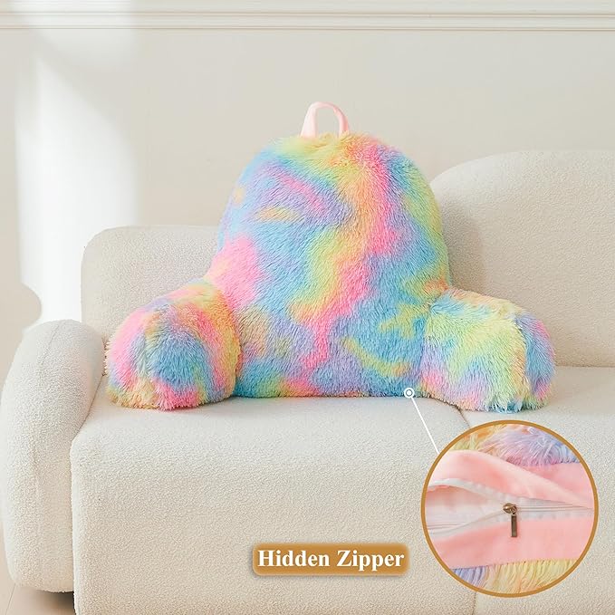 XeGe Fluffy Back Support Pillow Cover for Bed (No Filler), Tie Dye Faux Fur Backrest Pillow Case, Furry Reading Pillow Cover with Arms Adults Kids Girls, Fuzzy Sit Up Study Pillow for Floor, Rainbow