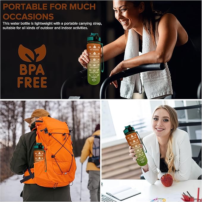 32oz Large Water Bottle with Motivational Time Marker - Sport Style with Deluxe Sip-Gulp Lid, Durable Tritan Plastic, Food Grade, Dishwasher Safe, Carry Strap (Light-Orange-Green)