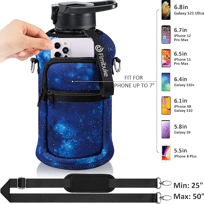 Fimibuke Half Gallon Water Bottle with Sleeve 64 OZ Water Bottle with Handle & Straw Leakproof Motivational Sports Gym Water Bottle with Time Marker BPA Free Water Jug with Reusable Neoprene Holder