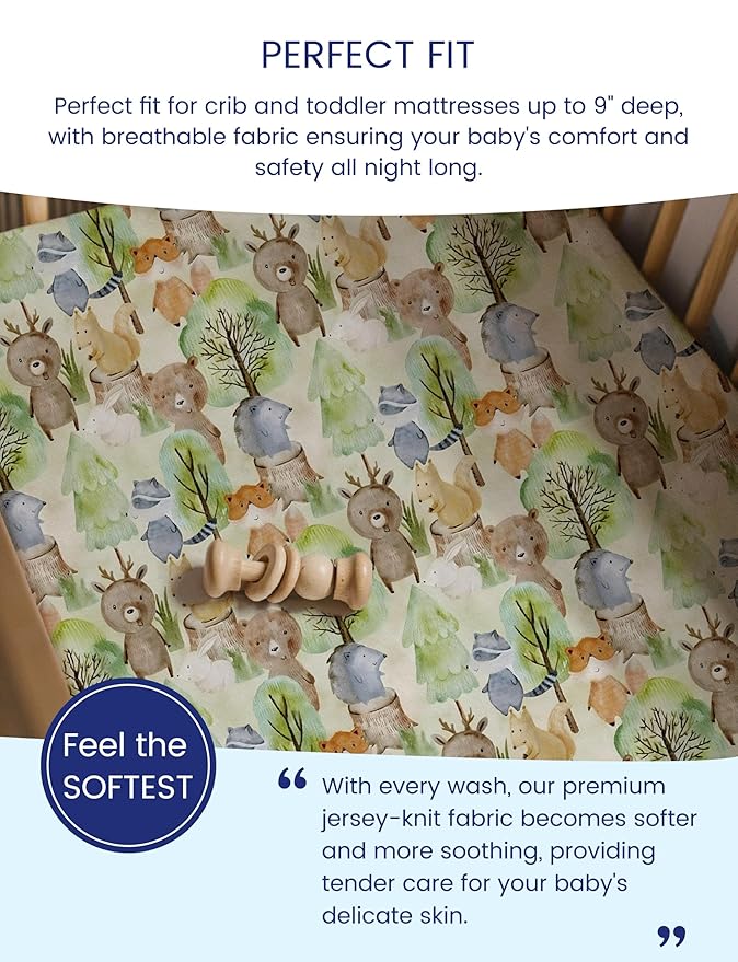 TotAha Premium Stretchy Crib Sheets (2-Pack)-Hypoallergenic, Silky Comfort, Buttery Soft, Calming Effect, All-Season Jersey-Knit Sheets, 9'' Extra Deep Pocket, Forest Bear & Cute Deer