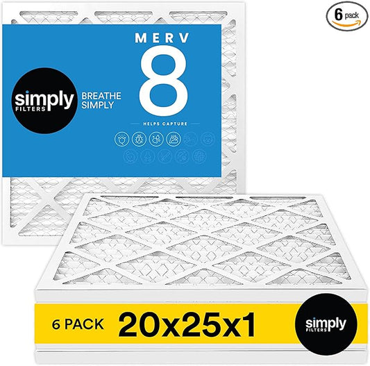 Simply 20x25x1 Air Filter, Merv 8, MPR 600, 6 Pack, For Home AC Furnace & HVAC (Actual Size: 19.75"x24.75"x0.75") DUST, Pet, & Allergy Control