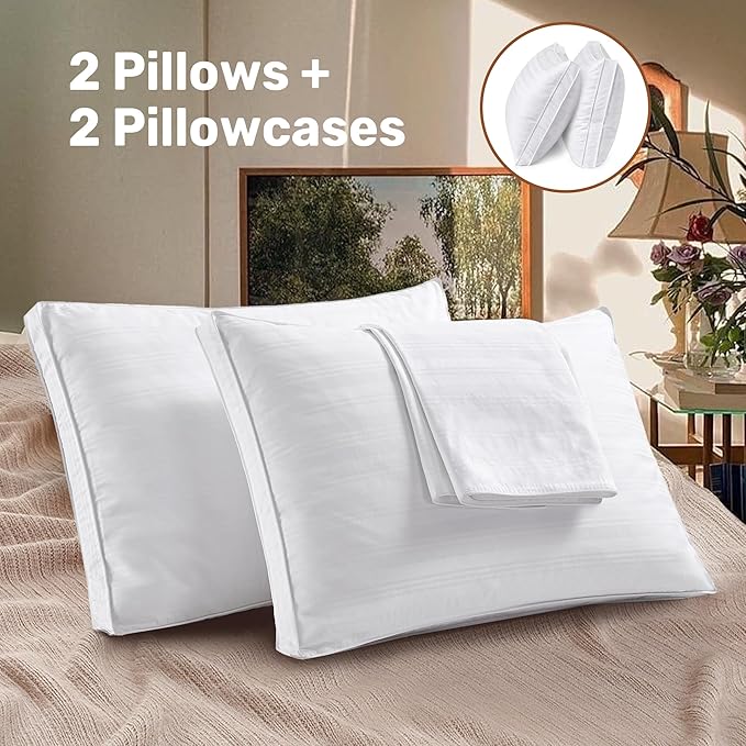 UNIKOME Goose Feathers and Down Pillows with 2 Gusseted Outer Protectors, White Cotton Fabric Bed Pillows for Back Stomach Side Sleepers, King Size, 20 x 36 inches, Pack of 2