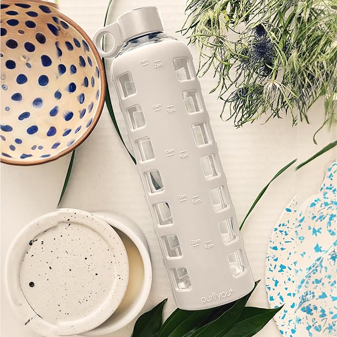 purifyou Premium Glass Water Bottles, 40/32 / 22/12 oz Reusable Drinking Bottle with Time & Volume Markings Silicone Sleeve & Stainless Steel Lid for Water, Coffee, & Fruit Juice (40oz Pearled Ivory)