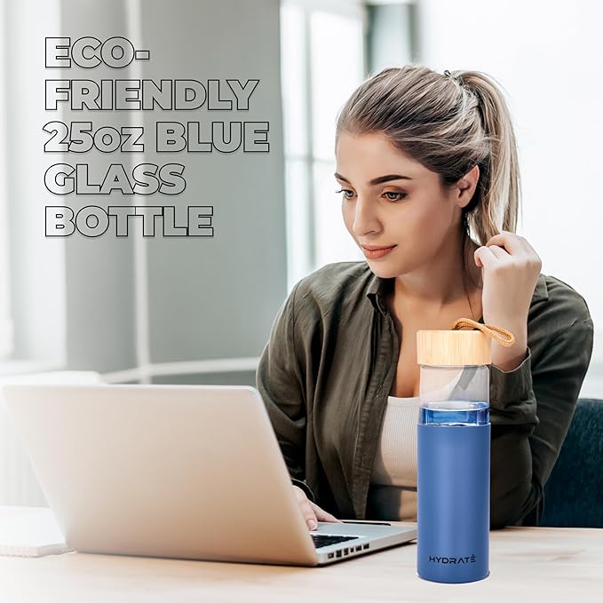 HYDRATE Glass Water Bottle, 25 oz - Gym Drinking Bottles with Slip Resistant Silicone Sleeve and Leak Proof Bamboo Lid - Clear Sports Bottle Made of Borosilicate Glass (10 x 3 inches, Blue)
