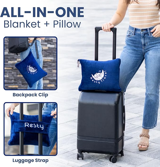 Resty Travel Blanket - Compact Airplane Blanket with Bag - Small and Lightweight Traveling Blanket & Pillow - Portable Blankets with Carabiner for Easy Transport - Plane Train Car (Navy Blue)