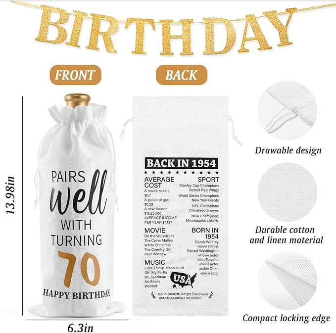 Lifecapido 70th Birthday Gifts for Women, Vintage 1954 Limited Edition Insulated Wine Tumbler with Wine Bag, 70 Year Old 70th Birthday Presents Christmas Gifts for Mom Grandma Wine Lover, 12 oz