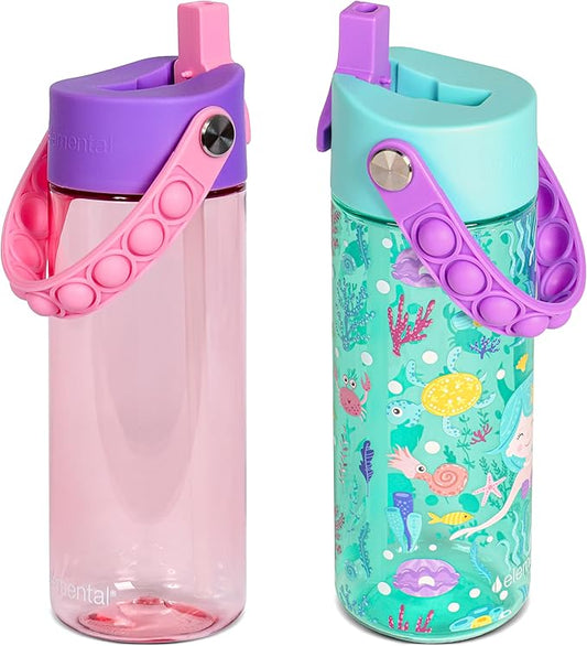 Elemental Leak Proof Water Bottles for Kids - Splash Kids Water Bottle for School with Fun Fidget Pop-it Handle - Tritan Plastic Water Bottle with Straw - Mermaid & Rose - 18oz (2 Pack)