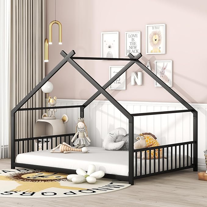 Full Size Montessori Floor Bed with Headboard and Footboard, Metal House Bed Frame with Soundproof Strip for Children, Toddlers, Boys, Girls Bedroom, Kids Playroom, No Box Spring Needed(Black)