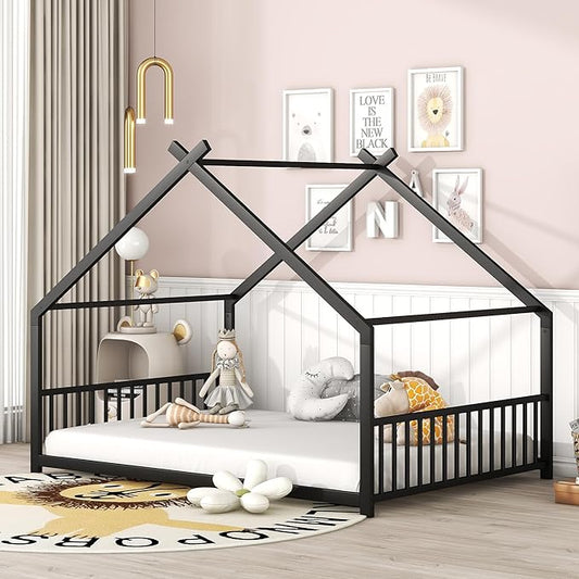 Full Size Montessori Floor Bed with Headboard and Footboard, Metal House Bed Frame with Soundproof Strip for Children, Toddlers, Boys, Girls Bedroom, Kids Playroom, No Box Spring Needed(Black)
