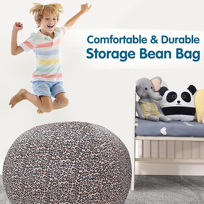 Lukeight Stuffed Animal Storage Bean Bag Chair Cover for Kids, Zipper Beanbag Chair Cover for Organizing Toddler and Kids' Rooms Plush Toys (Leopard Velvet, XX-Large)