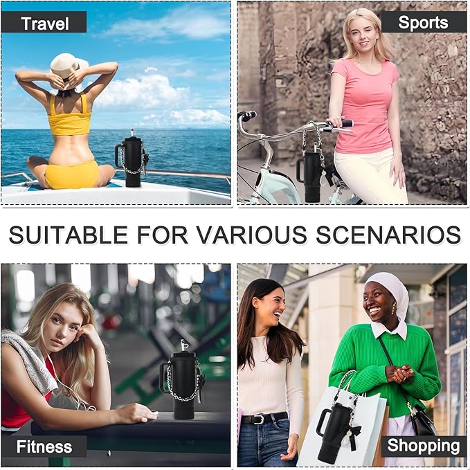 Stanley Cup Accessories Set- Water Bottle Handle Strap, Stanley Cup Protective Silicone Boot, Straw Lid Bow Design Stanley Charms for Stanley Cup 40oz /30 oz Tumbler (black)