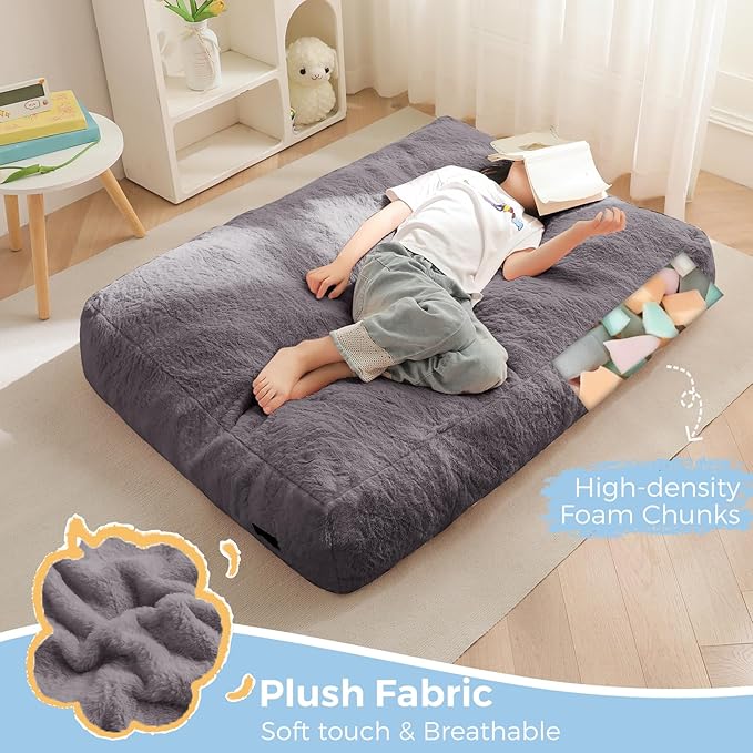 MAXYOYO Bean Bag Chair Bed for Kids, Convertible Bean Bag Folds from Lazy Chair to Floor Mattress Bed, Stuffed Floor Sofa Couch for Boys and Girls, High-Density Foam Filling, Dark Grey