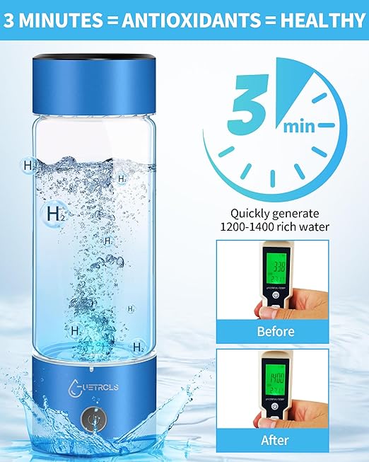 Hydrogen Water Bottle 2024, Hydrogen Water Bottle Generator with SPE PEM Technology Water Ionizer, Hydrogen Water Machine Improve Water in 3 Minutes for Home, Office, Travel, Daily Drinking(Blue)
