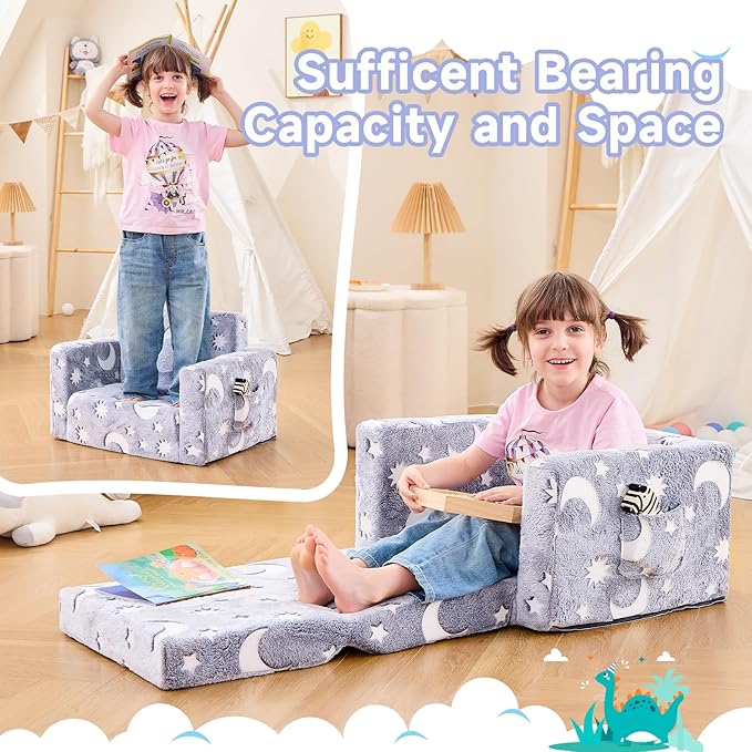 Toddler Chair, Toddler Couch, Kids Couch, Kids Sofa Chair 2 in 1, Comfy Toddler Chair Folding Out for Boys, Girls, Glow in The Dark Extra Soft Open Couch for Playroom, Gifts for Kids, Grey Star
