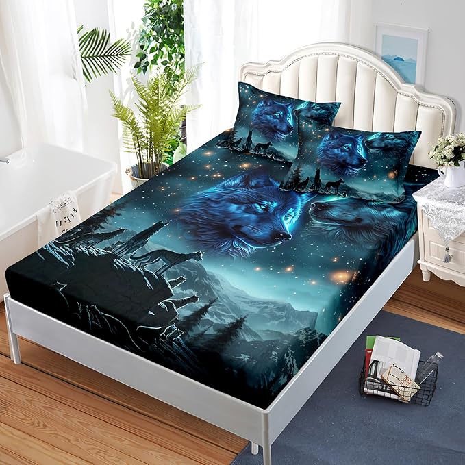 AILONEN Boys Wolf Fitted Sheet Set Full Size, 3 Pieces Evening Starry Bedding Set Wild Animal Wolf Sheet Set for Boys Men Kids,Wildlife Bed Sheet Set Wolf Fitted Sheet with 2 Pillowcases