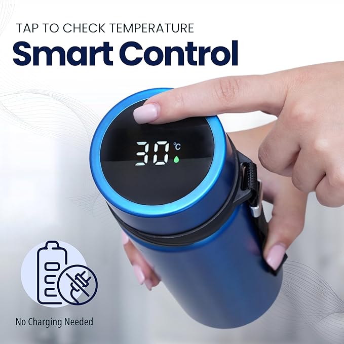 Stainless Steel Thermal Bottle, 600 mL, Digital Temperature Display, 4 Colors (Blue)