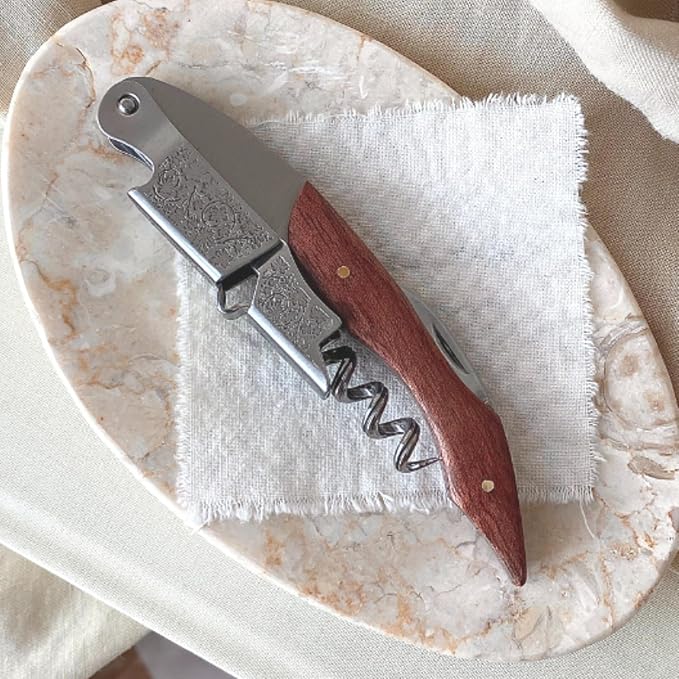 Professional Wood Grapevine Pattern Sommelier Knife With Green Leather Wine Keyring with Ergonomic Wood Grip, Beer Bottle Opener Foil Cutter Waiters Corkscrew Wine Opener