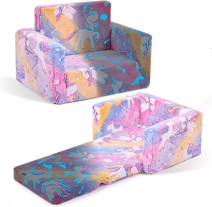 Toddler Chair, Toddler Couch, Kids Couch, Kids Sofa Chair 2 in 1, Comfy Toddler Chair Folding Out for Girls, Glow in The Dark Extra Soft Open Couch for Playroom, Gifts for Kids, Pink Unicorn