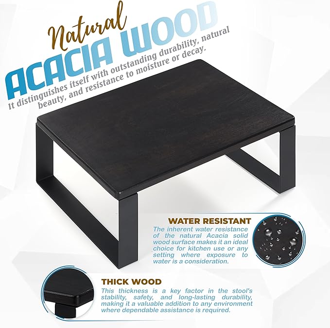 Wooden Step Stool - Heavy Duty One Step Stool - Holds up to 450Lb with Steel Frame for Kitchen/Bathroom/Bedside Step Stool (Walnut)