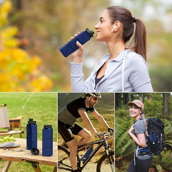 INNERNEED Collapsible Water Bottle, Reuseable BPA Free Silicone Foldable Water Bottles for Travel Gym Camping Hiking, 20.6 fl.oz, Portable, Food-Grade, Leak Proof (1 Pack, Dark Blue)