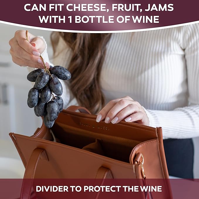 FIORI & ROSSI PU Leather Wine Bottle Carrier Bag - Insulated Wine Bag to Store & Carry up to 3 Bottles for Travel, Picnics & Parties - Wine Tote Bag Buckle & Zipper Closure Sleeve Dividers - Brown