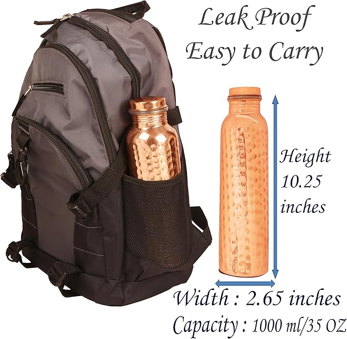 Pure Copper Water Bottle - Handcrafted - Ayurveda health benefits - Large 35 oz - Leak proof, Easy to carry for Sports, Fitness, Yoga, School - Natural Hammered Beaten Copper Finish