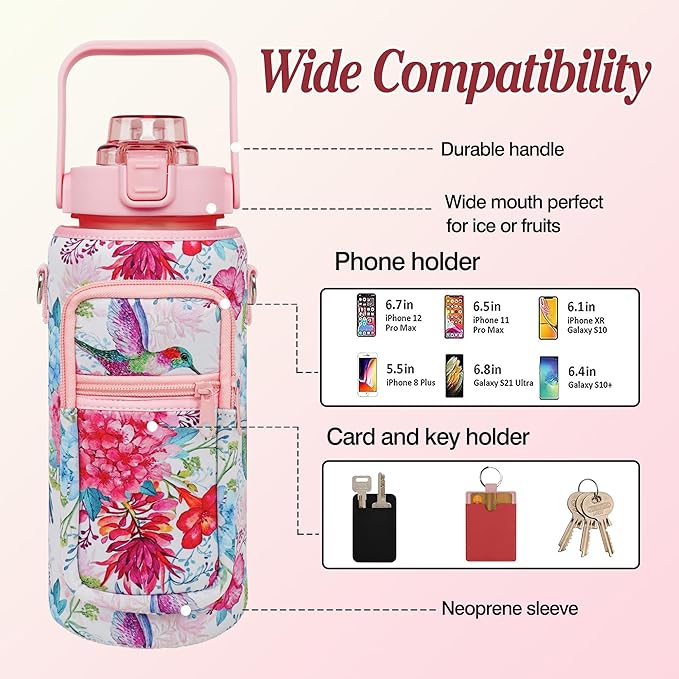 Hummingbird Half Gallon Water Bottle with Sleeve Water Bottle 64 Oz Water Bottle with Time Marker, Leakproof-Free Drinking Water Bottle, Sports Water Bottle Half Gallon Water Jugs