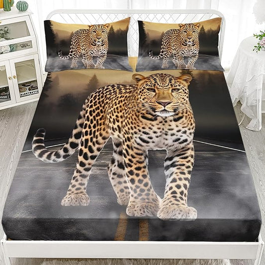 AILONEN Leopard Fitted Sheet Set Twin Size, 3D Cheetah Printed Bed Sheet Set,Wildlife Bedding Leopard Sheet Set,Wild Animal Leopard Bed Sheet Set Boys Fitted Sheet with 2 Pillowcases,3 Pieces